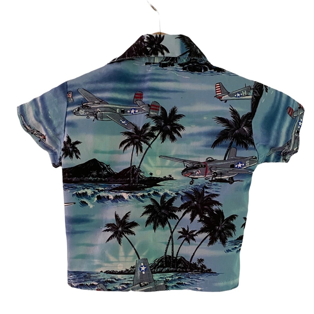 Ky's Hawaiian Aloha Blue Button Down Shirt Palm Trees and Airplanes Size 6 M